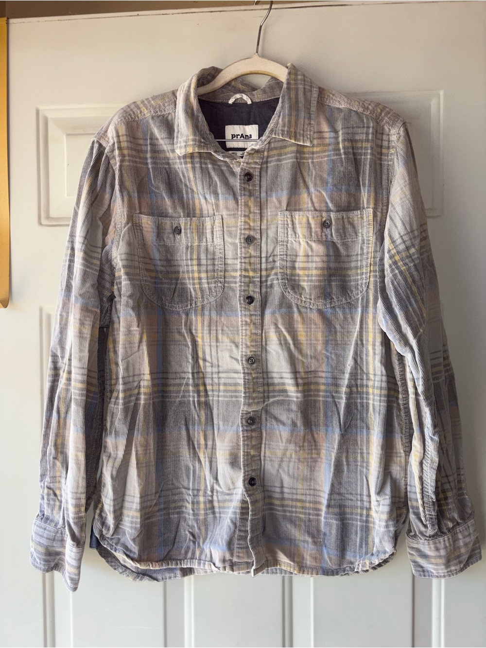 PrAna gray plaid corduroy button down shirt size M